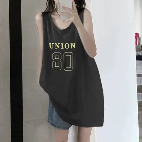 美式纯棉吊带运动坎肩背心无袖t恤女夏季设计感小众外穿宽松上衣图片