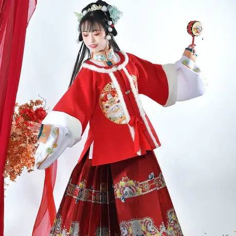 团团丨如梦霓裳明制汉服女装袄裙熊猫短袄妆花织金马面裙新年秋冬图片