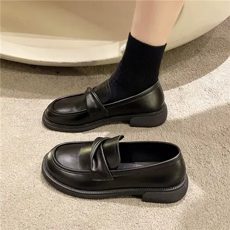 软皮小皮鞋女2024春季英伦风黑色平底工作软底百搭豆豆舒适乐福鞋商品大图