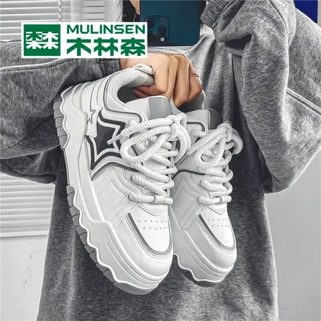 木林森男鞋春秋季2024新款潮牌爆款增高面包板鞋男运动休闲小白鞋商品大图