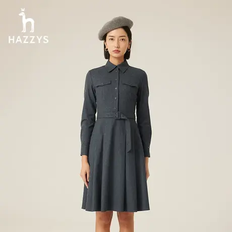 【商场同款】Hazzys哈吉斯羊毛长袖衬衫式连衣裙女秋冬季新款裙子图片