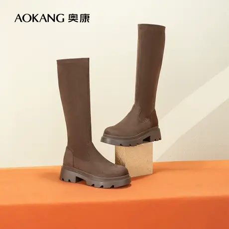 奥康女鞋 冬季新款长筒靴子弹力瘦瘦靴厚底粗跟高筒复古黑色图片