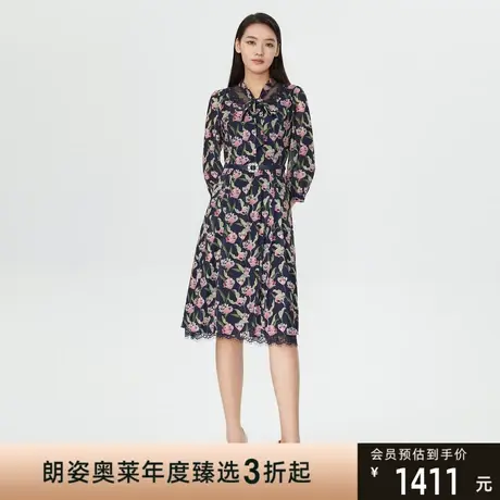 朗姿 秋季新款印花连衣裙九分袖大花街头裙子中长裙线下商场同款图片