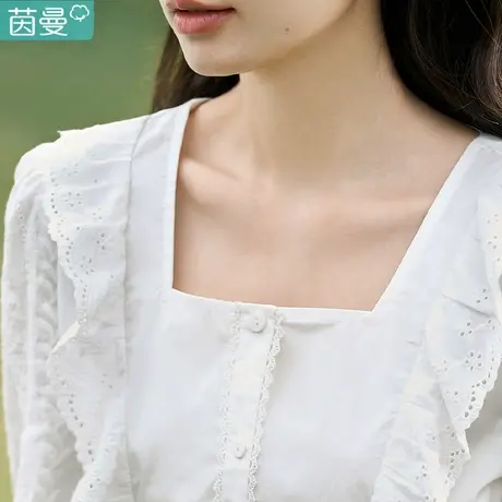 茵曼旗舰店2023春女装新款时尚清新绣花荷叶边修身显瘦衬衫衬衣商品大图