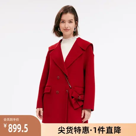 【歌莉娅奥莱】冬季天丝羊毛毛呢红大衣外套水手领女送爱心包图片