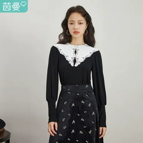 茵曼设计感秋装新款女蕾丝镂空花边上衣ins风别致披肩领T恤图片