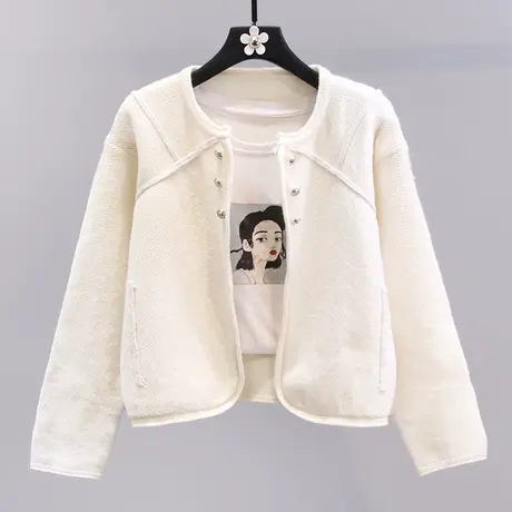 小香风圆领设计感小众毛衣外套女秋冬2023新款宽松短款针织开衫商品大图