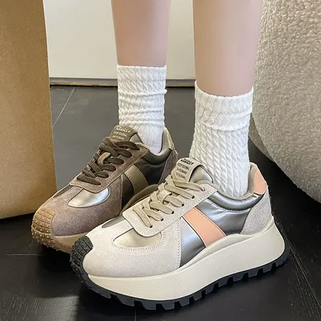网红炸街厚底老爹鞋女2023秋冬新款加绒休闲运动鞋显脚小华夫鞋子图片