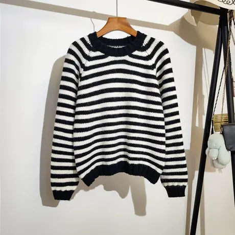 黑白条纹针织衫女2023秋冬新款韩版宽松显瘦百搭毛衣套头上衣外穿商品大图