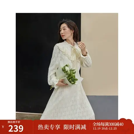 茵曼法式磨毛蕾丝针织连衣裙2023秋女装新款绑带领长袖收腰中长裙图片