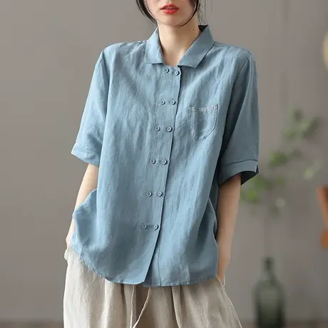 dza 复古薄款亚麻上衣女士短袖衬衫夏季显瘦宽松口袋气质棉麻衬衣图片