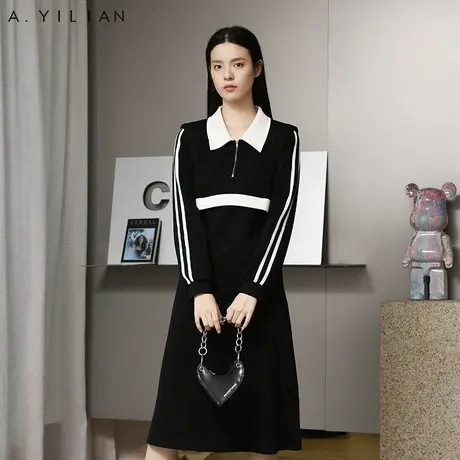 阿依莲2023新款撞色假两件中长款针织连衣裙女冬休闲收腰显瘦裙子图片