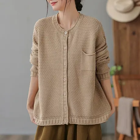 dza 复古纯色棉线针织开衫春秋外搭宽松毛衣外套女装休闲长袖上衣商品大图