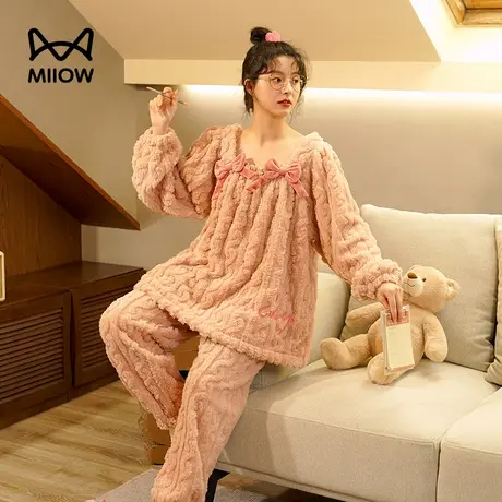 猫人日系宫廷风方领蕾丝花边珊瑚绒加厚睡衣女秋冬季可外穿家居服商品大图
