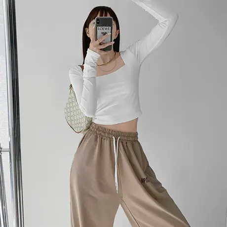 方领上衣女法式白色长袖t恤莫代尔打底衫秋冬修身春秋款紧身内搭商品大图