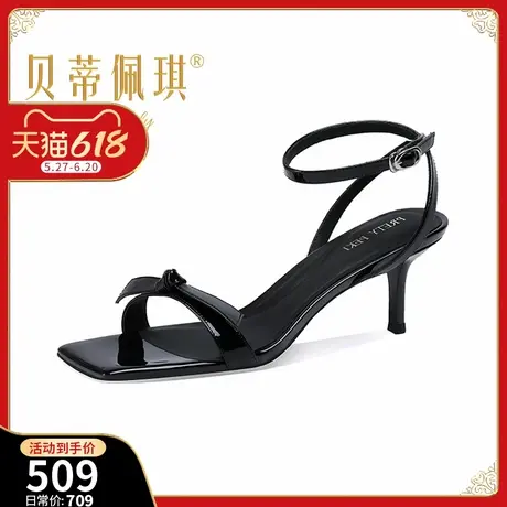 时尚百搭蝴蝶结细跟露趾凉鞋女2025年夏季新款方头一字细带高跟鞋图片