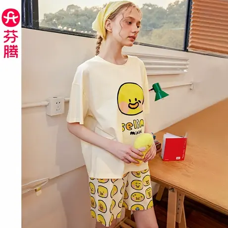 芬腾布朗熊睡衣女士夏季纯棉短袖短裤套装薄款凉感可爱休闲家居服商品大图