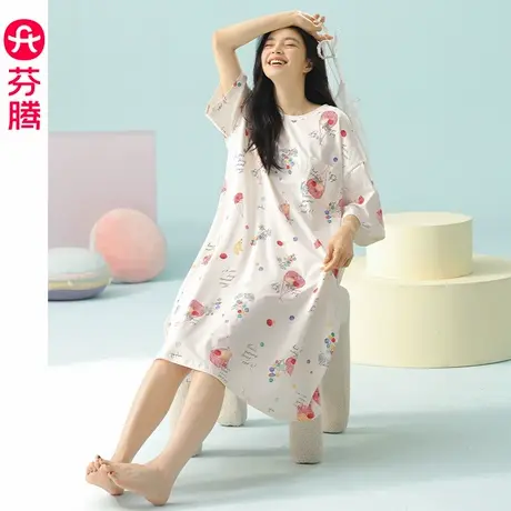 芬腾纯棉睡裙女夏季薄款短袖睡衣裙休闲少女宽松夏天连衣裙家居服图片