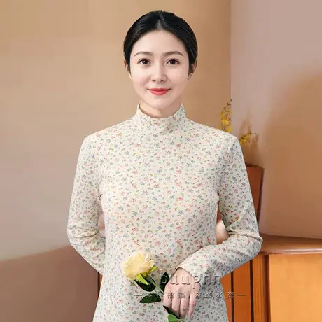 半高领带胸垫打底衫女秋季内搭中领长袖碎花上衣商品大图