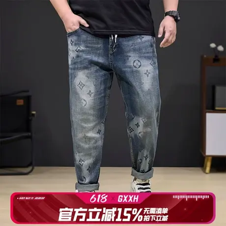GxxH潮牌大码男装夏季男士复古洗水印花牛仔裤美式休闲宽松长裤子商品大图