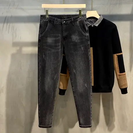 2023春秋新款男士直筒牛仔裤 韩版修身黑灰色休闲牛仔长裤男潮冬图片