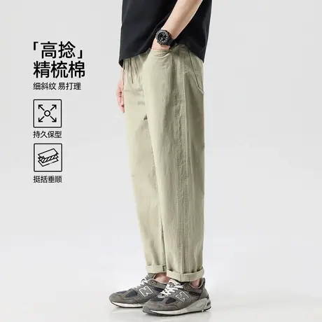 hansca 高捻精梳棉 夏季直筒休闲裤男纯棉斜纹2025新款抽绳长裤子商品大图