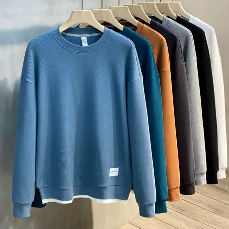 华夫格圆领假两件卫衣男春秋2023新款纯色日系宽松情侣上衣ins潮商品大图