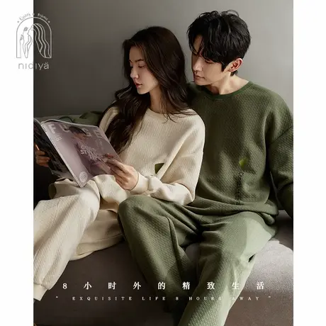 妮狄娅睡衣女秋冬长袖加厚纯棉夹层简约休闲男时尚外穿家居服套装商品大图