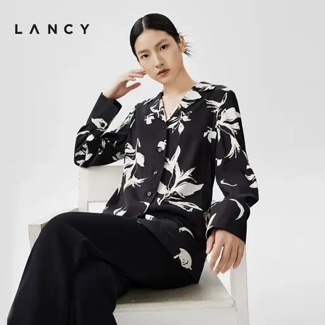 LANCY/朗姿2024春季新款宽松长袖真丝印花衬衫女翻领国风高级衬衣图片