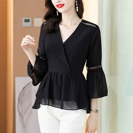 今年流行别致高端秋季雪纺衫长袖上衣女夏季2023新款漂亮洋气小衫商品大图