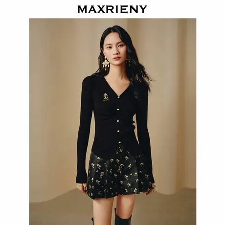 【奥莱】MAXRIENY复古宫廷V领羊腿袖套头针织衫修身上衣女商品大图