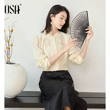 OSA欧莎新中式国风刺绣立领衬衫上衣女秋新款气质高级感正肩衬衣图片