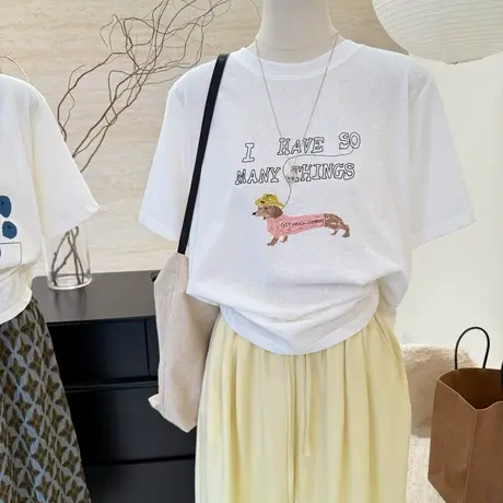 亲肤凉感短袖t恤女2025夏季新款韩系字母印花宽松显瘦圆领t恤上衣商品大图