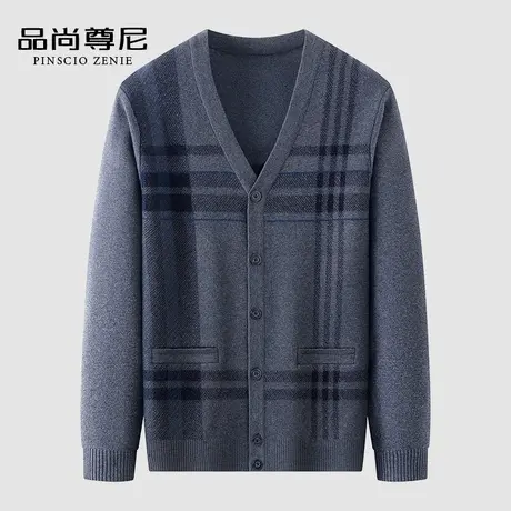 男士针织开衫外套2022新款中老年爸爸装撞色格纹宽松V领毛衣秋冬商品大图