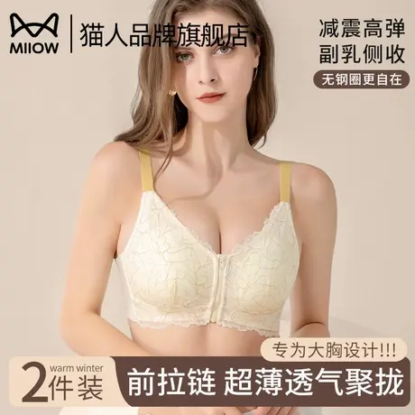 猫人兔耳朵内衣女蕾丝前拉链大胸显小显瘦聚拢防垂收副乳薄款文胸图片