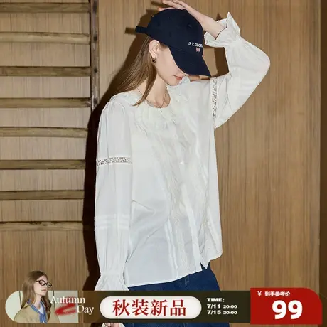 唐狮2026春夏新款长袖衬衫女娃娃领宽松衬衣拼接法式上衣百搭甜美图片