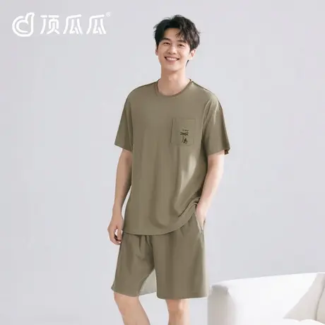 【100%纯棉男款】2025夏新款男T恤绿色短袖短裤套装可外穿家居服商品大图