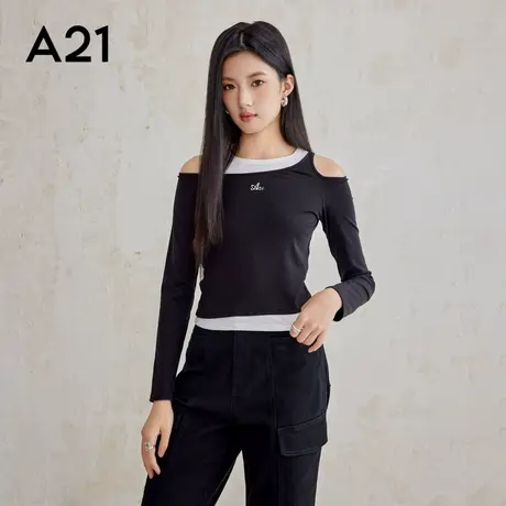 A21女装针织修身圆领假两件长袖T恤时尚不对称露肩上衣打底衫商品大图