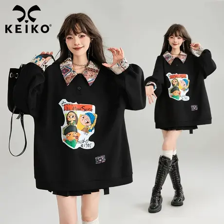 KEIKO 美式复古撞色POLO领卫衣25秋季高级感提花拼色宽松休闲外套图片