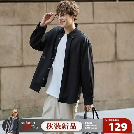 唐狮2025新款春秋季长袖衬衫男士翻领字母刺绣高级感痞帅黑色上衣商品大图
