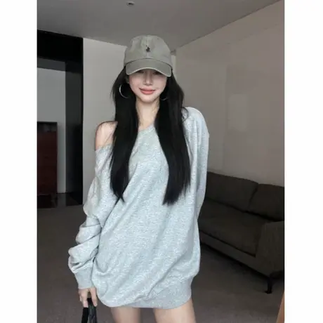大码女装微胖MM美式复古斜领卫衣早秋设计感小众露肩中长款上衣潮商品大图