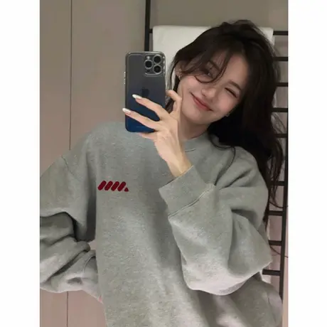 圆领卫衣女灰色无帽2025新款爆款秋冬加绒加厚宽松超好看的上衣女商品大图