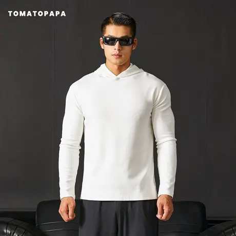 TOMATOPAPA男T恤长袖连帽针织薄卫衣运动健身跑步套头纯色打底衫商品大图