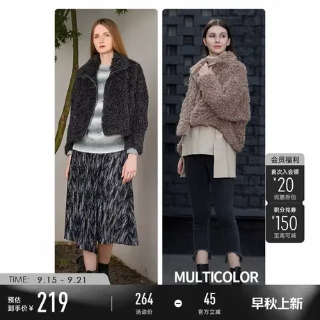 sdeer圣迪奥女装黑色时尚休闲高领仿羊羔毛滚球绒短外套S21462206图片
