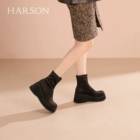 哈森气质百搭时装靴女2025秋冬新款显瘦套筒短靴HWA250159商品大图