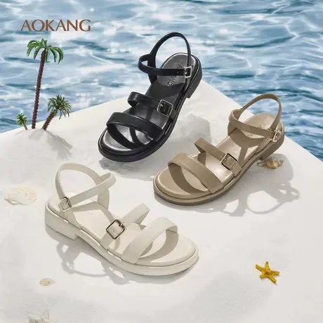 奥康 女鞋2025夏季新款露趾凉鞋女平韩版森系平底百搭沙滩罗马鞋图片