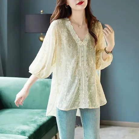 宝诗黎V领蕾丝拼接雪纺衫女夏季新款2023五分袖洋气宽松套头上衣商品大图