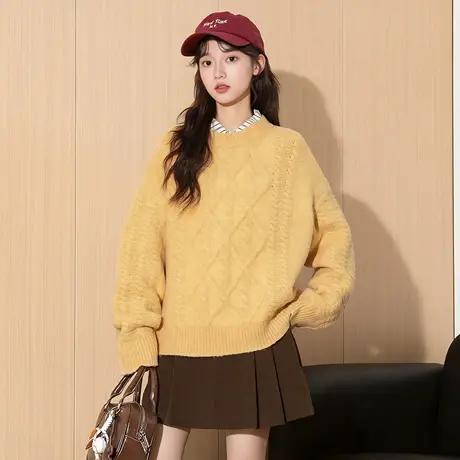 唐狮秋冬季女毛衣女圆领净色绞花毛线衫百搭简约日常韩系TD商品大图