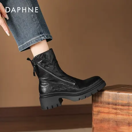 达芙妮厚底马丁靴女2026新款冬季英伦风瘦瘦靴加绒粗跟黑色短靴子商品大图