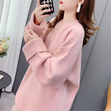 欧货慵懒风宽松外穿纯色圆领毛衣女秋冬季新款软糯奶系百搭针织衫商品大图